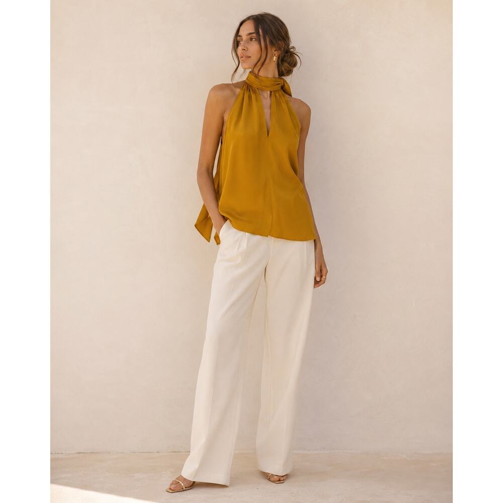 MILLY Silk Halter Top Self-Tie Bow Neck Size S Marigold Golden Mustard